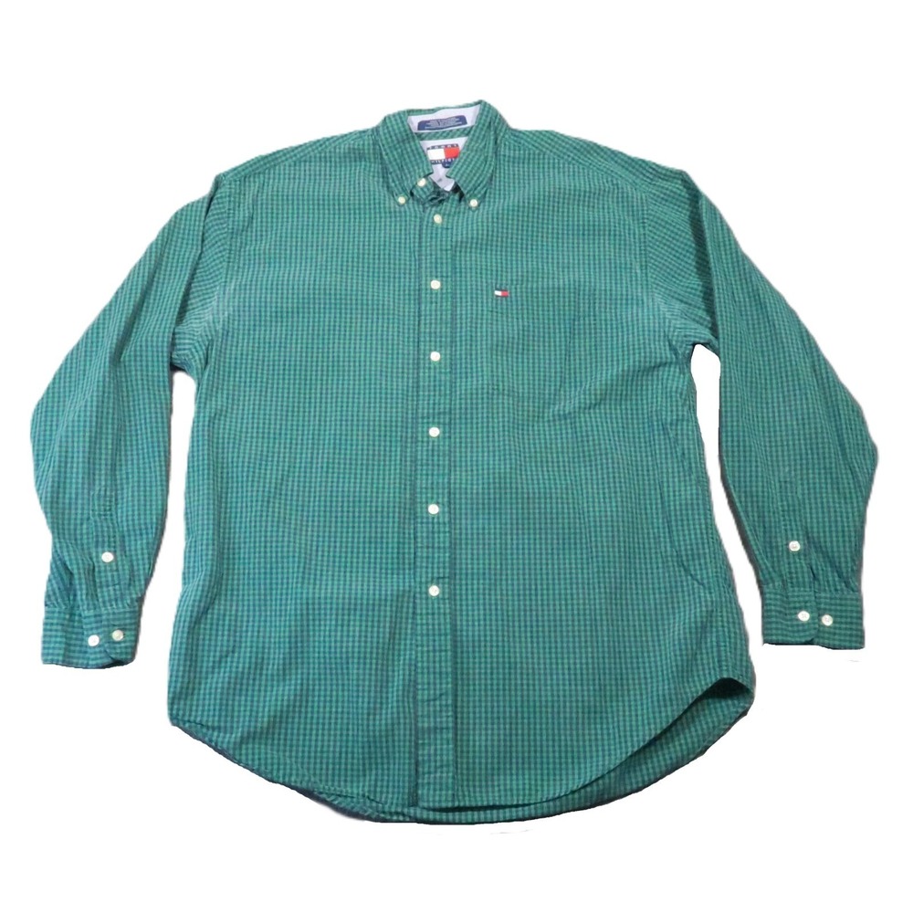 Vtg Tommy Hilfiger Long Sleeve Button Down Shirt L Green Navy Check Preppy Y2K
